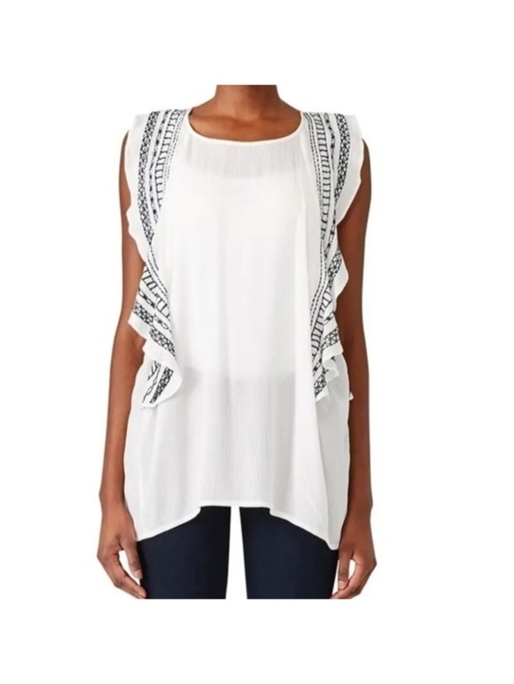 Collection by Bobeau White Sleeveless Embroidered Ruffle Top Size S